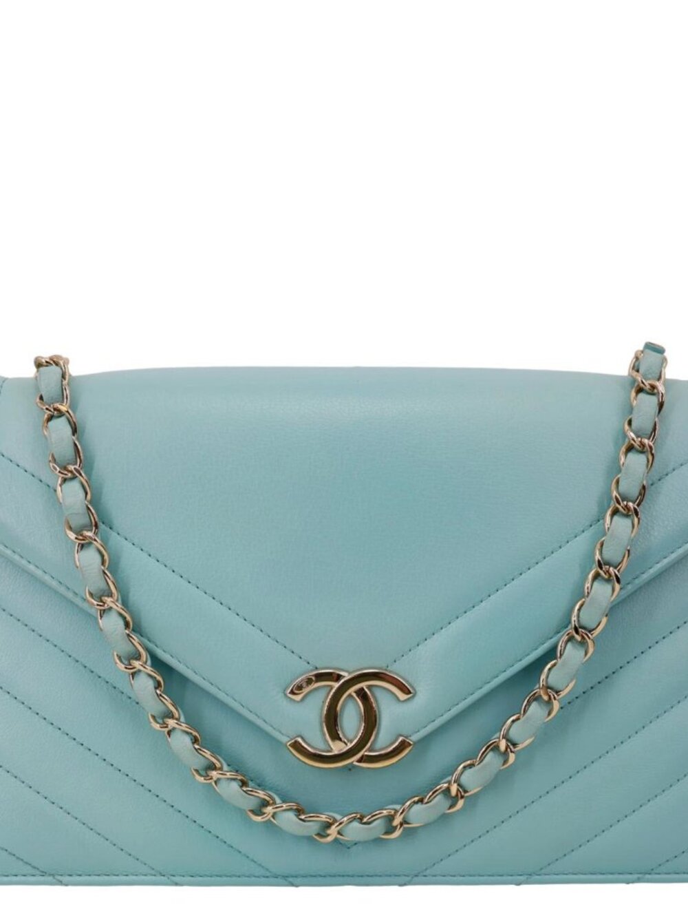 Chanel  Envelope Flap Calfskin Chevron Leather Crossbody Bag Turquoise